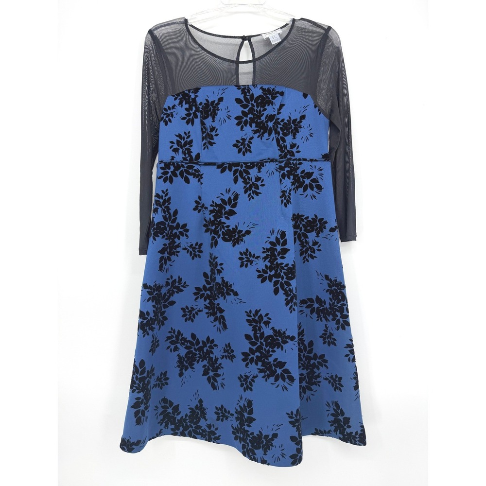 Motherhood Maternity Blue Black Floral Mesh‎ Long Sleeve Dress Small